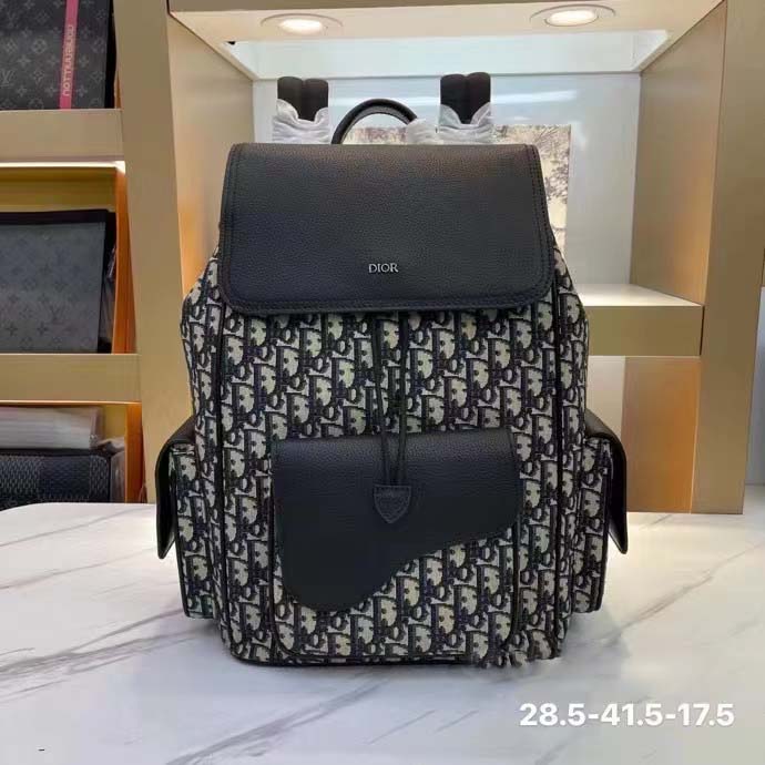 Dior Unisex CD Saddle Backpack Beige Black Dior Oblique Jacquard Grained Calfskin