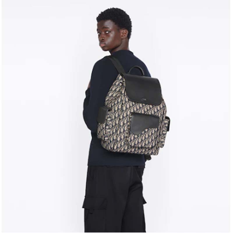 Dior Unisex CD Saddle Backpack Beige Black Dior Oblique Jacquard Grained Calfskin