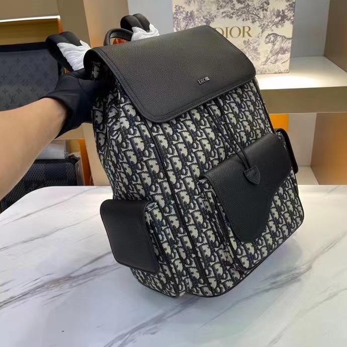 Dior Unisex CD Saddle Backpack Beige Black Dior Oblique Jacquard Grained Calfskin