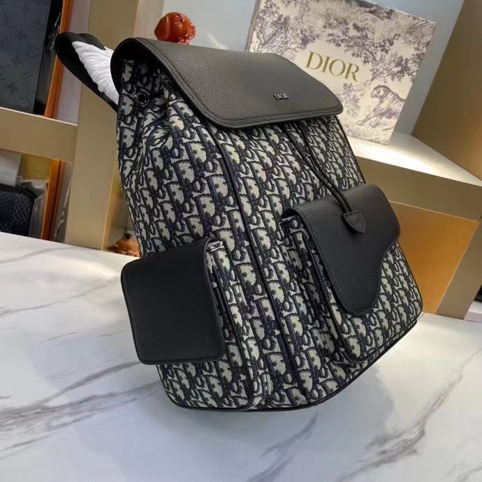 Dior Unisex CD Saddle Backpack Beige Black Dior Oblique Jacquard Grained Calfskin
