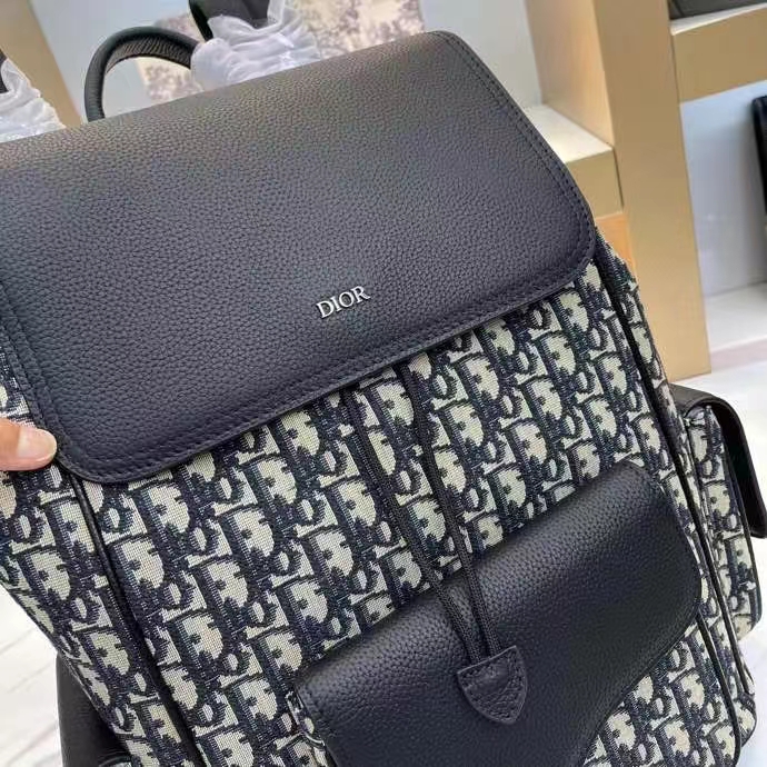 Dior Unisex CD Saddle Backpack Beige Black Dior Oblique Jacquard Grained Calfskin