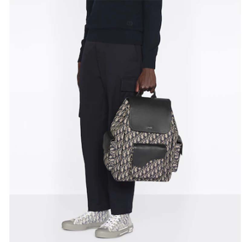 Dior Unisex CD Saddle Backpack Beige Black Dior Oblique Jacquard Grained Calfskin