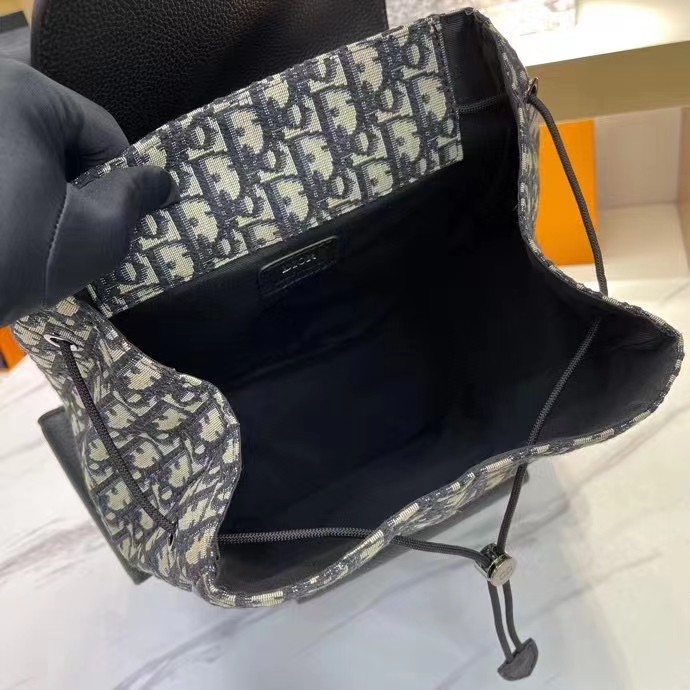 Dior Unisex CD Saddle Backpack Beige Black Dior Oblique Jacquard Grained Calfskin