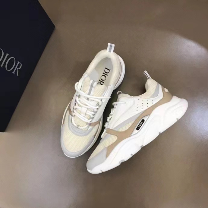 Dior Unisex Shoes CD B22 Sneaker Cream Technical Mesh Beige White Smooth Calfskin