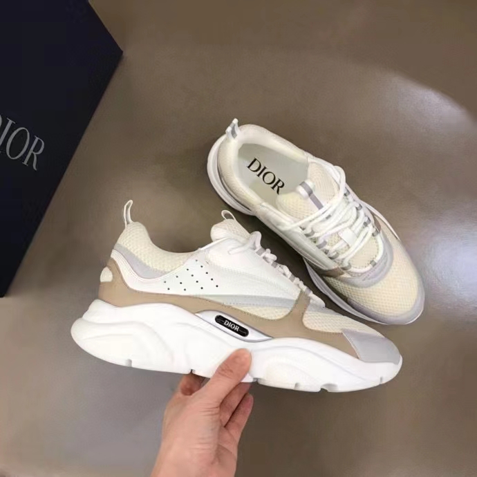 Dior Unisex Shoes CD B22 Sneaker Cream Technical Mesh Beige White Smooth Calfskin