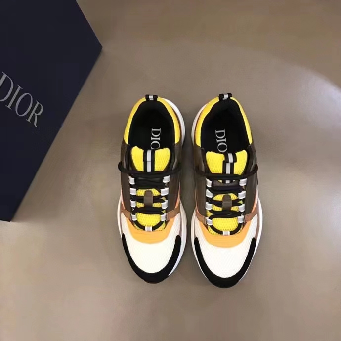 Dior Unisex Shoes CD B22 Sneaker Yellow White Technical Mesh Ebony Camel Smooth Calfskin