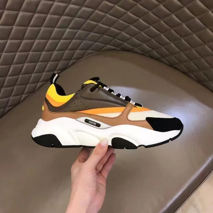Dior Unisex Shoes CD B22 Sneaker Yellow White Technical Mesh Ebony Camel Smooth Calfskin