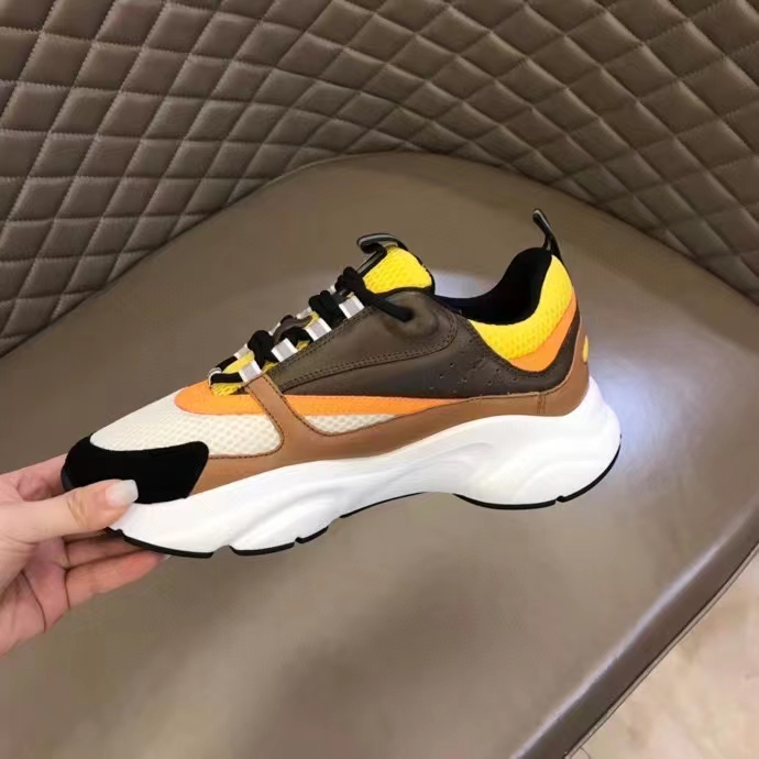 Dior Unisex Shoes CD B22 Sneaker Yellow White Technical Mesh Ebony Camel Smooth Calfskin