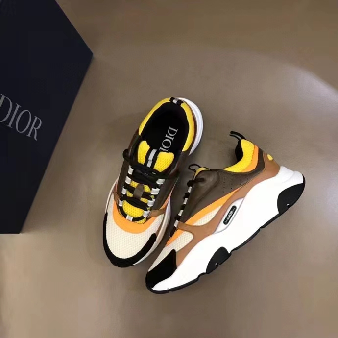Dior Unisex Shoes CD B22 Sneaker Yellow White Technical Mesh Ebony Camel Smooth Calfskin