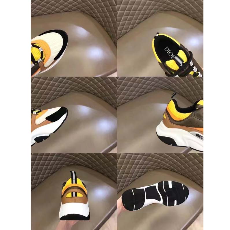 Dior Unisex Shoes CD B22 Sneaker Yellow White Technical Mesh Ebony Camel Smooth Calfskin