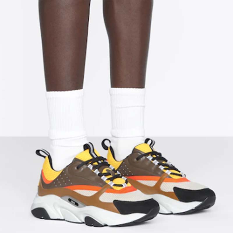 Dior Unisex Shoes CD B22 Sneaker Yellow White Technical Mesh Ebony Camel Smooth Calfskin