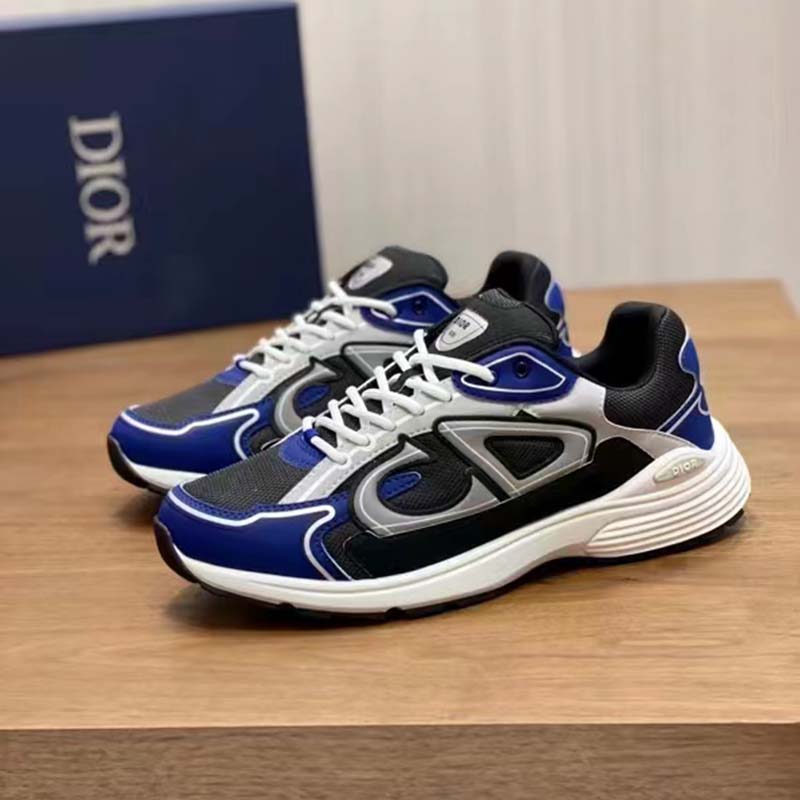 Dior Unisex Shoes CD B30 Sneaker Anthracite Gray Mesh Black Blue Technical Fabric