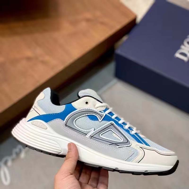 Dior Unisex Shoes CD B30 Sneaker Light Blue Mesh Gray White Technical Fabric