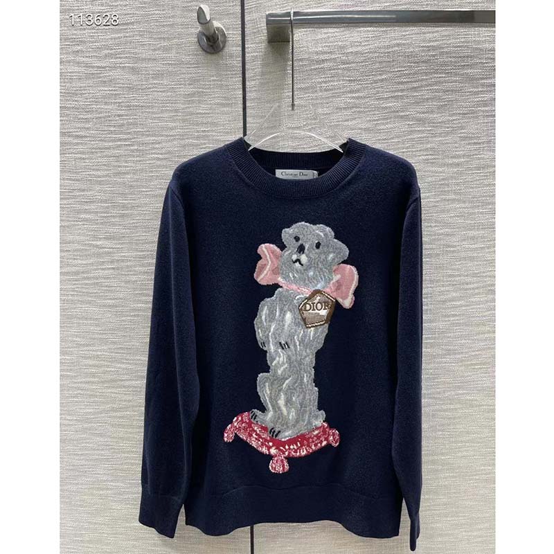 Dior Men CD Bobby Sweater Navy Blue Cashmere Jacquard Ribbed Round Collar
