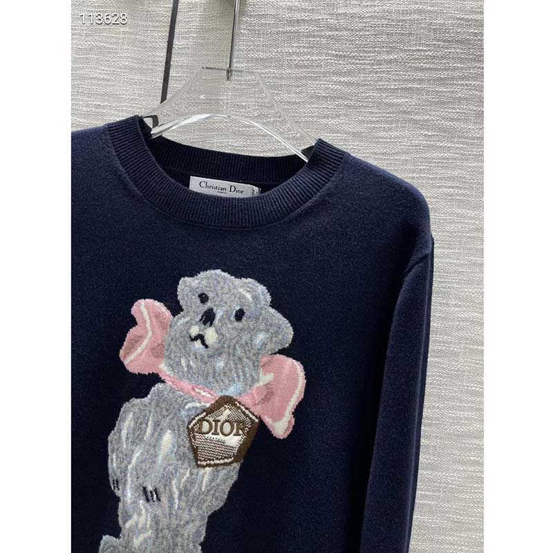 Dior Men CD Bobby Sweater Navy Blue Cashmere Jacquard Ribbed Round Collar