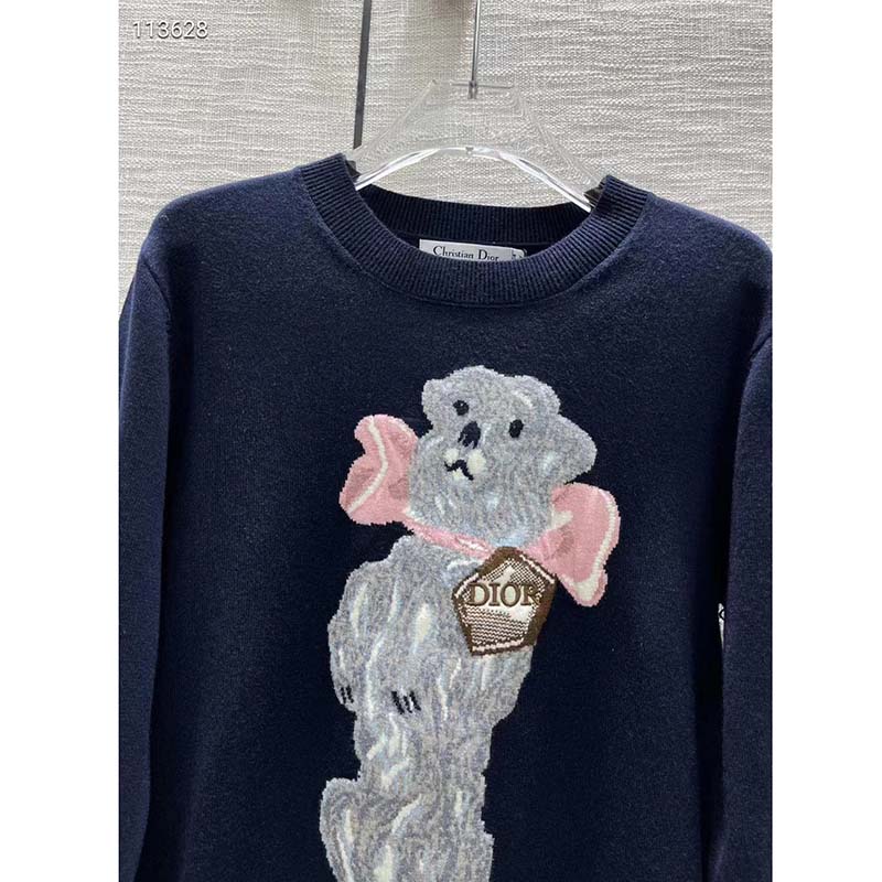 Dior Men CD Bobby Sweater Navy Blue Cashmere Jacquard Ribbed Round Collar