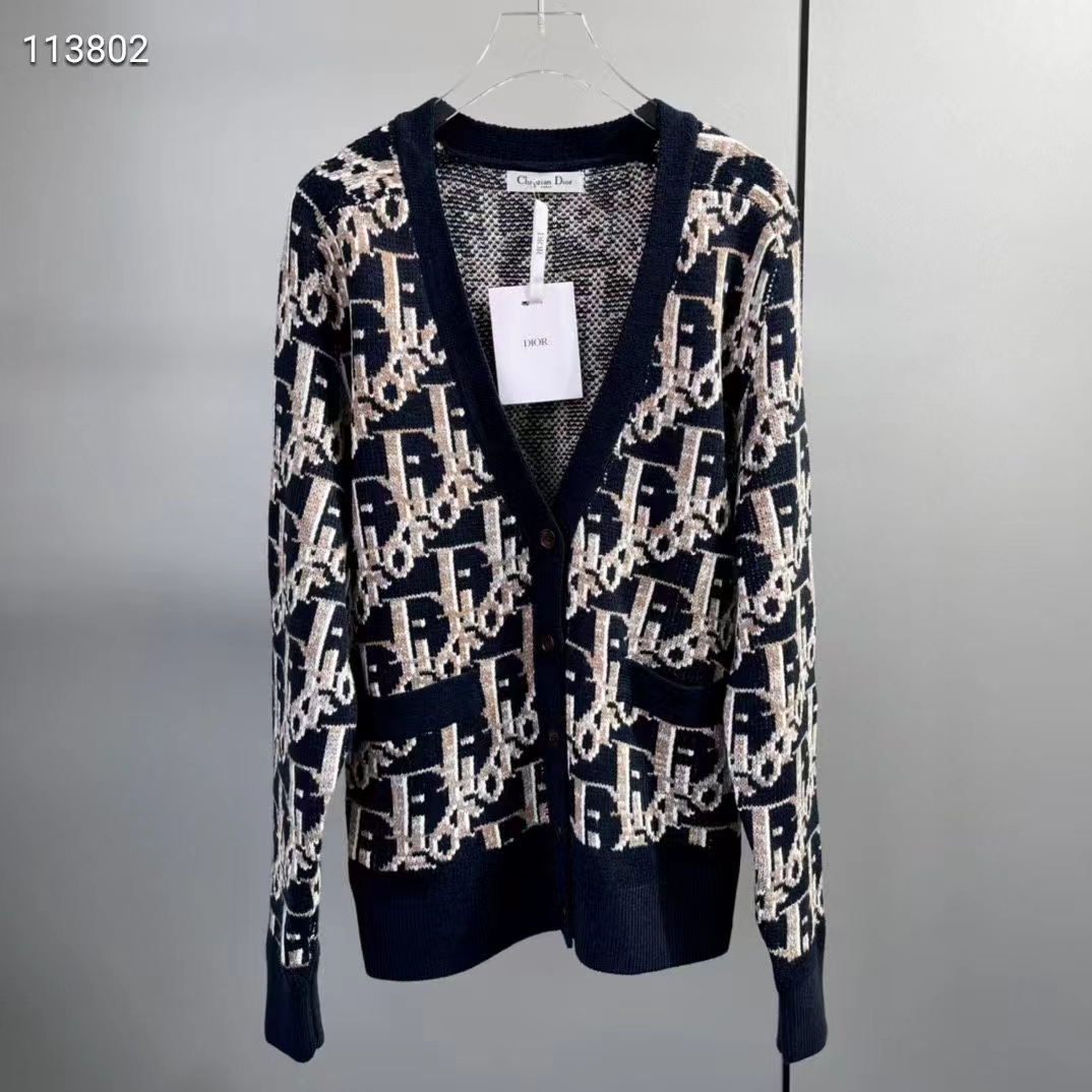Dior Men CD Dior Oblique Cardigan Navy Blue Wool Jacquard