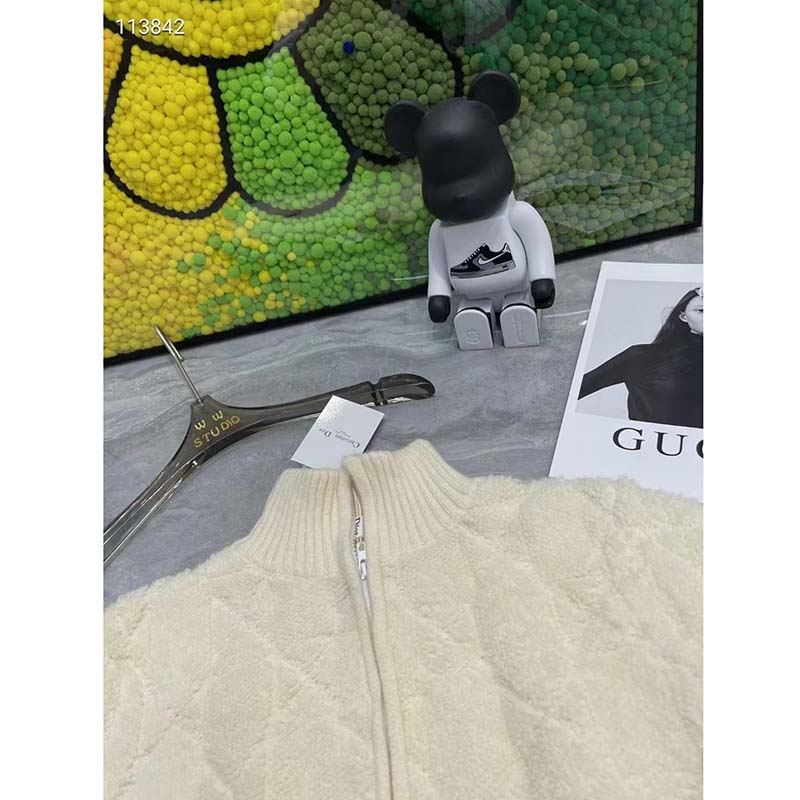 Dior Women CD Macrocannage Zipped Cardigan White Technical Wool Cashmere Knit