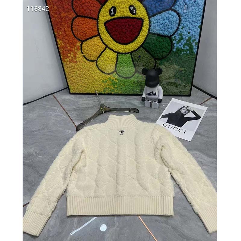 Dior Women CD Macrocannage Zipped Cardigan White Technical Wool Cashmere Knit