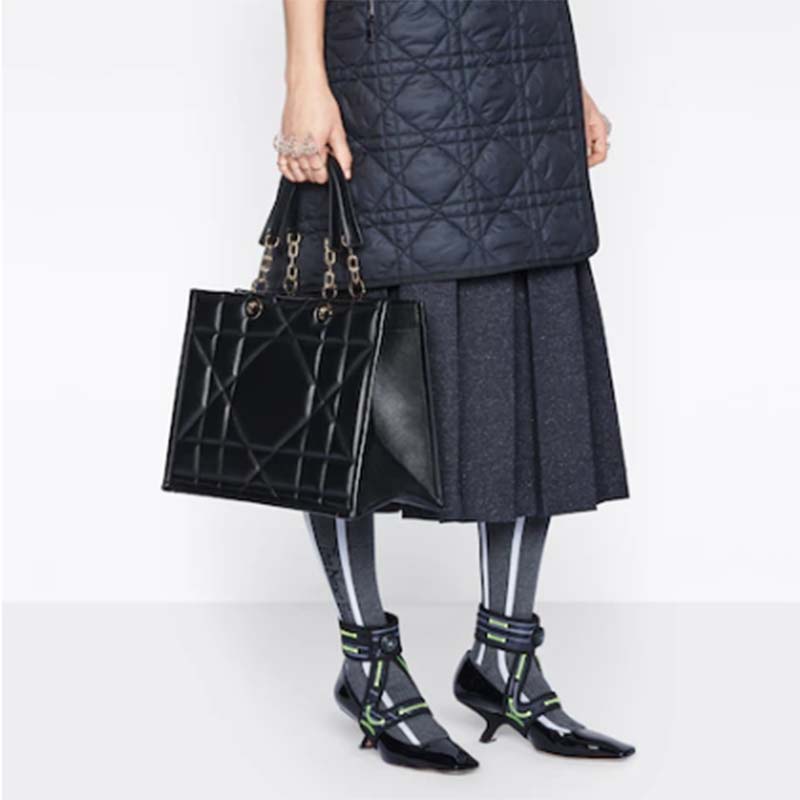 Dior Women CD Medium Dior Essential Tote Bag Black Archicannage Calfskin