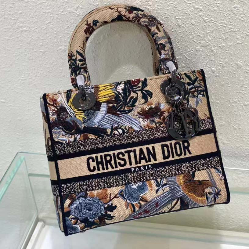 Dior Women CD Medium Lady D-Lite Bag Beige Multicolor Dior Jardin D’Hiver Embroidery