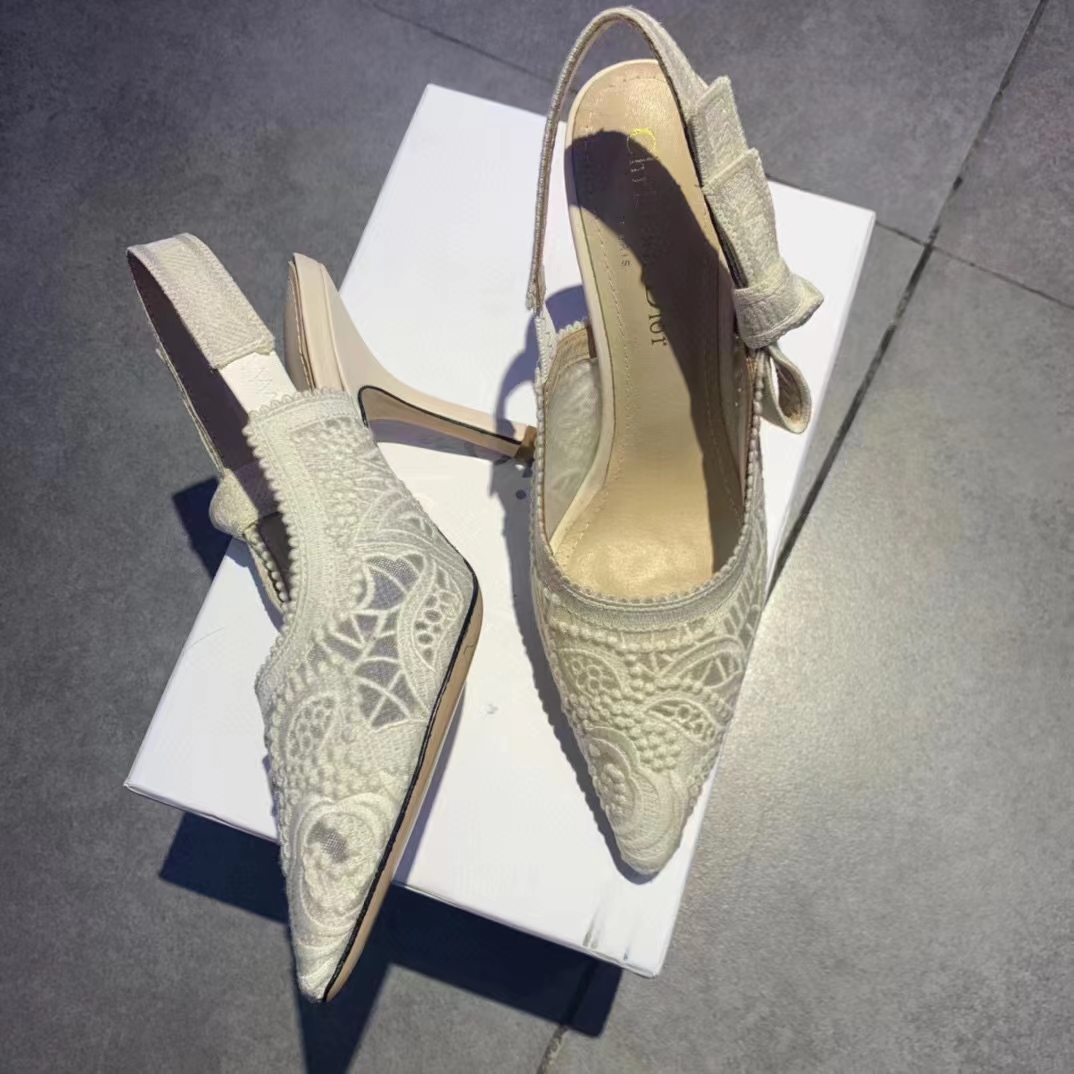 Dior Women J’Adior Slingback Pump White Macramé Embroidered Cotton