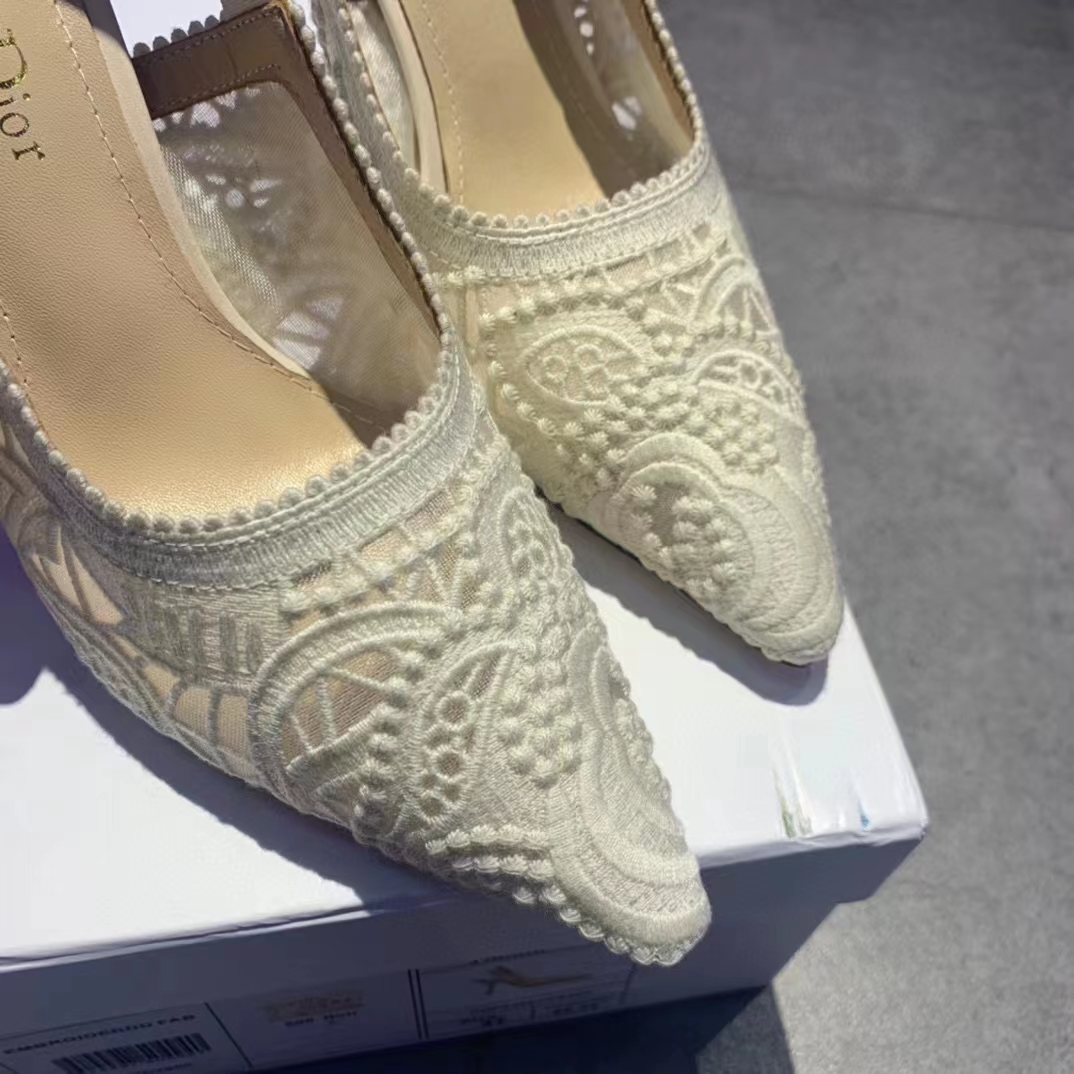 Dior Women J’Adior Slingback Pump White Macramé Embroidered Cotton