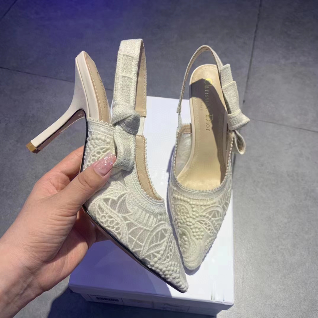 Dior Women J’Adior Slingback Pump White Macramé Embroidered Cotton