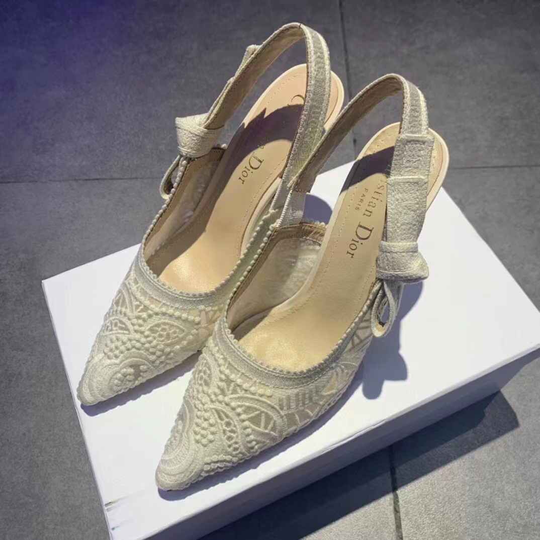 Dior Women J’Adior Slingback Pump White Macramé Embroidered Cotton