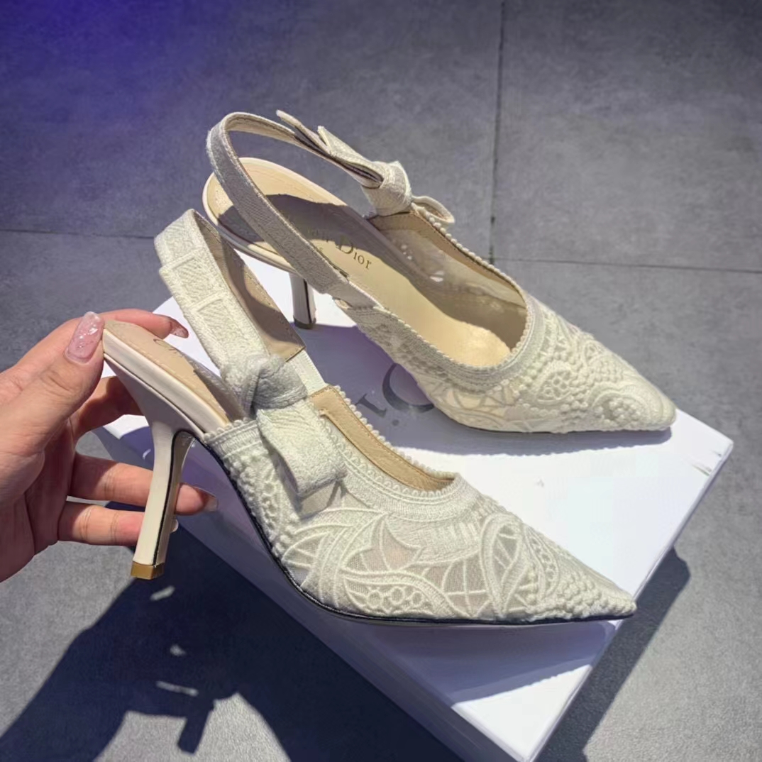 Dior Women J’Adior Slingback Pump White Macramé Embroidered Cotton