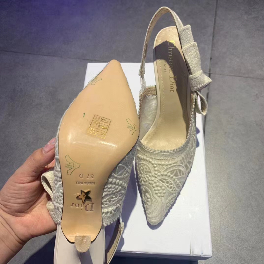 Dior Women J’Adior Slingback Pump White Macramé Embroidered Cotton