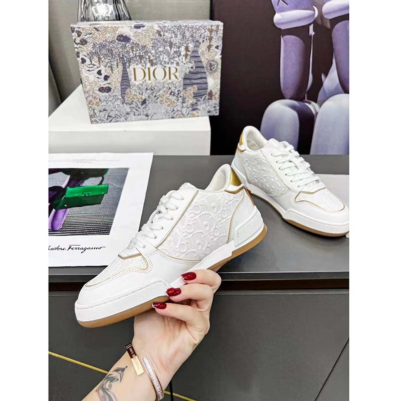 Dior Women One Sneaker White Gold-Tone Oblique Perforated Calfskin