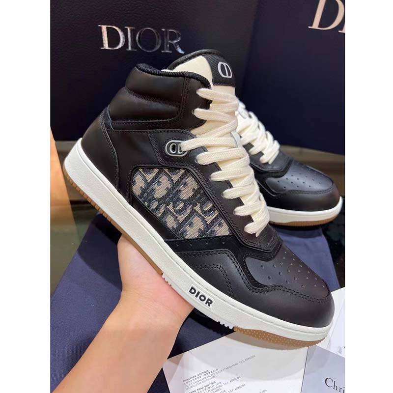 Dior Unisex Shoes CD B27 High-Top Sneaker Black Smooth Calfskin Beige Oblique Jacquard