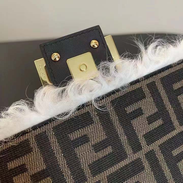 Fendi Women FF Baguette Brooch White Mohair Wool Bag