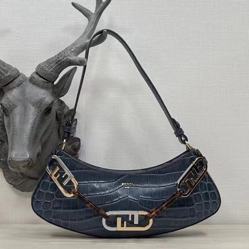 Fendi Women FF O’Lock Swing Dark Blue Crocodile Leather Pouch