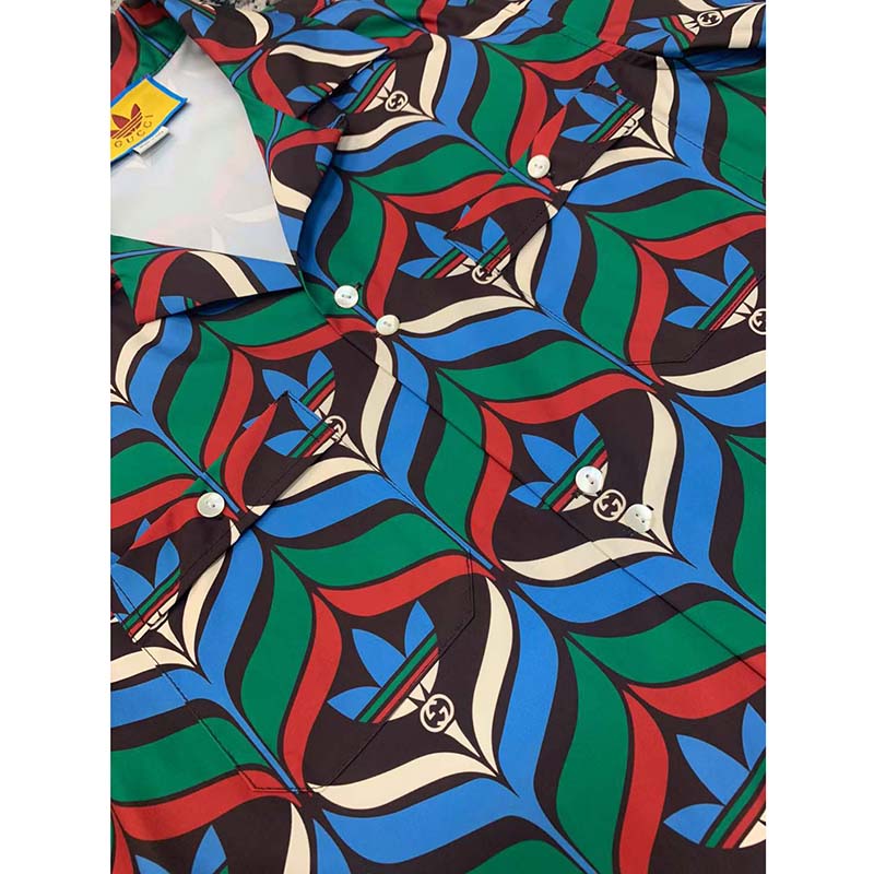 Gucci GG Men Adidas x Gucci Trefoil Print Bowling Shirt Straight Hem Side Vents Viscose