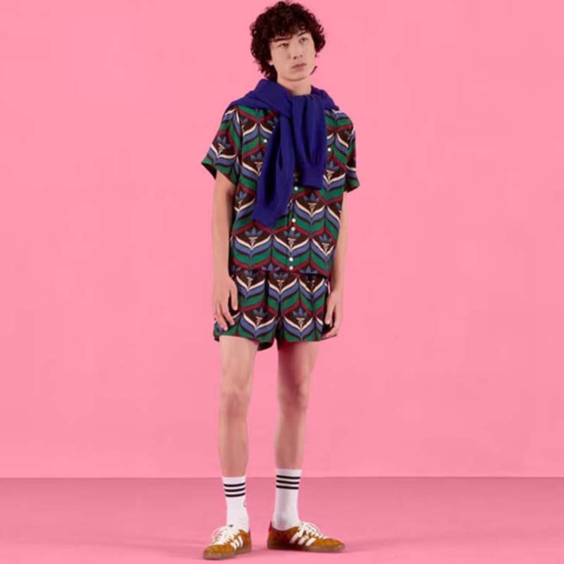 Gucci GG Men Adidas x Gucci Trefoil Print Bowling Shirt Straight Hem Side Vents Viscose
