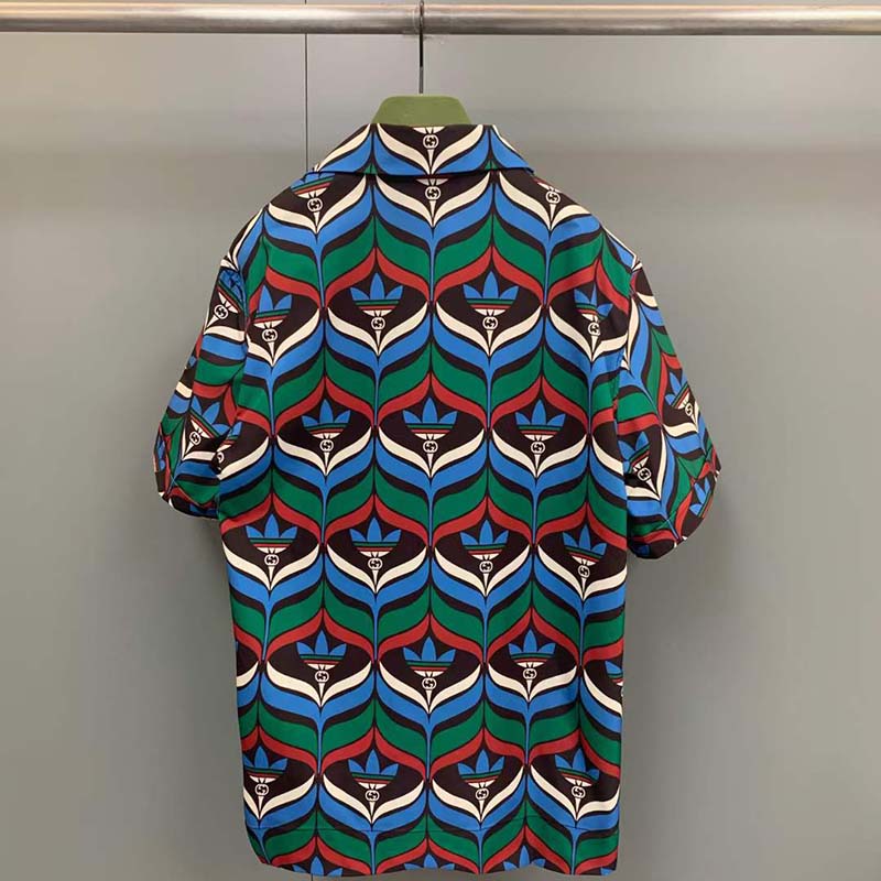 Gucci GG Men Adidas x Gucci Trefoil Print Bowling Shirt Straight Hem Side Vents Viscose