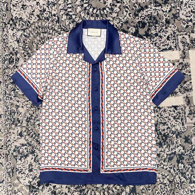 Gucci GG Women Geometric G Print Muslin Bowling Shirt Notch Collar Short Sleeves