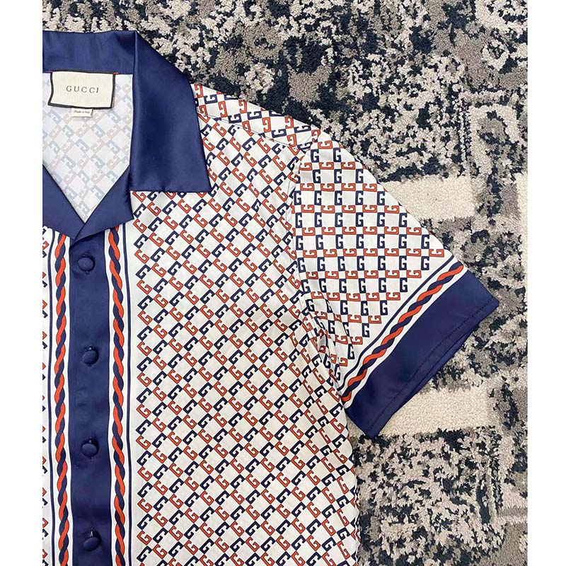 Gucci GG Women Geometric G Print Muslin Bowling Shirt Notch Collar Short Sleeves