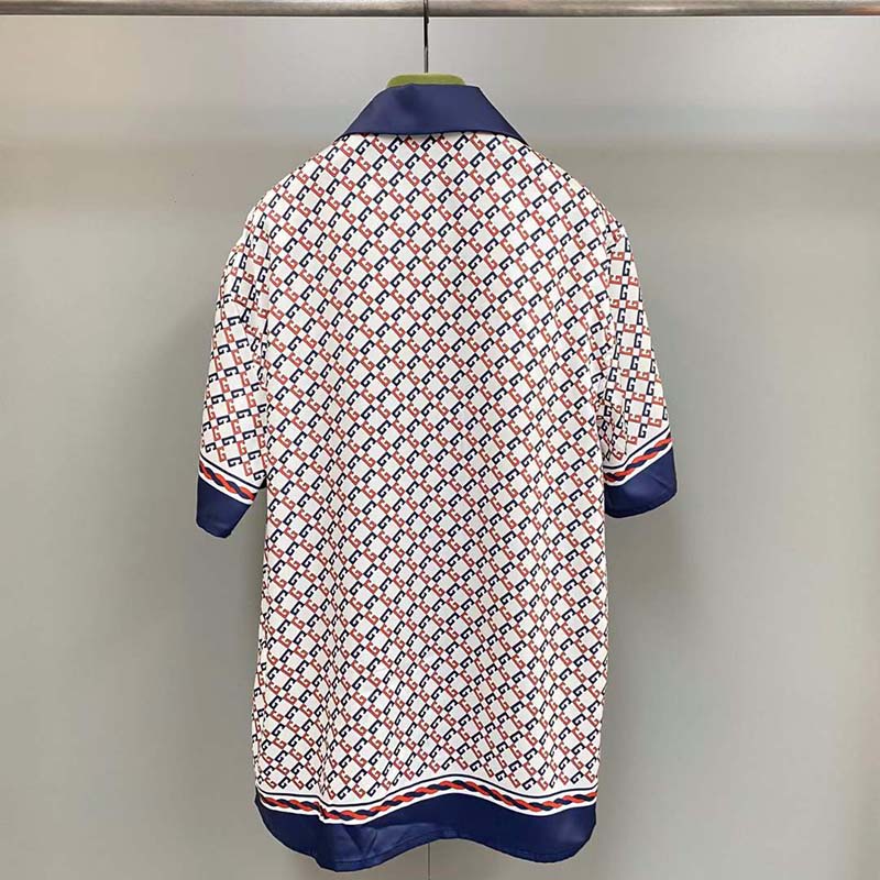 Gucci GG Women Geometric G Print Muslin Bowling Shirt Notch Collar Short Sleeves