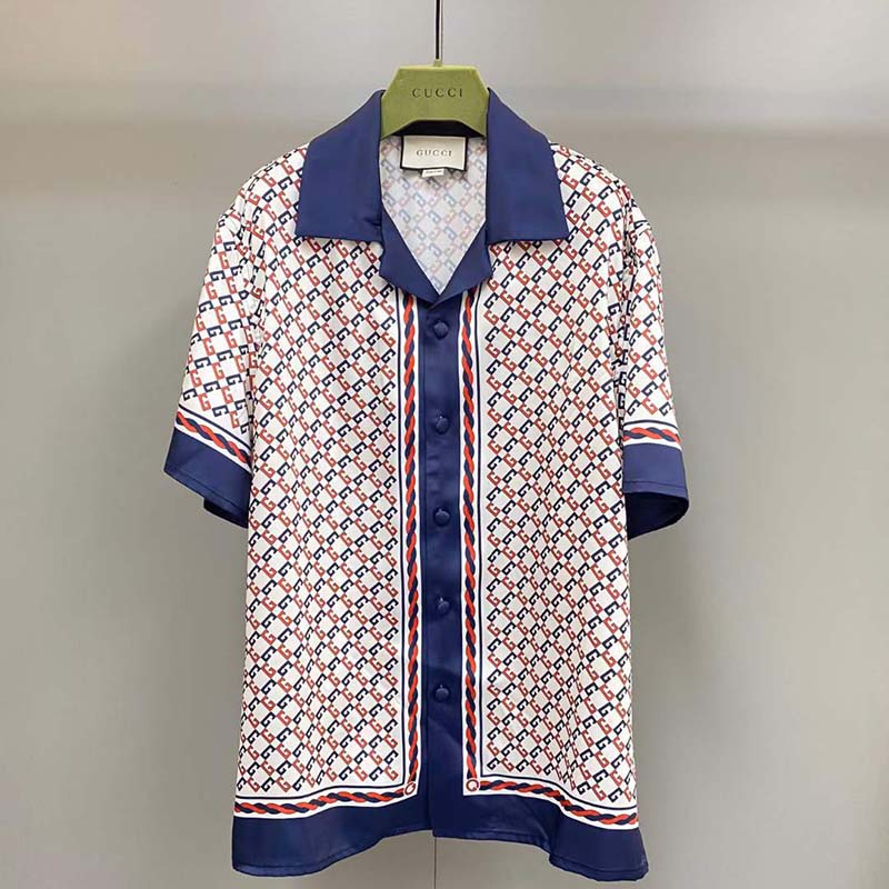 Gucci GG Women Geometric G Print Muslin Bowling Shirt Notch Collar Short Sleeves