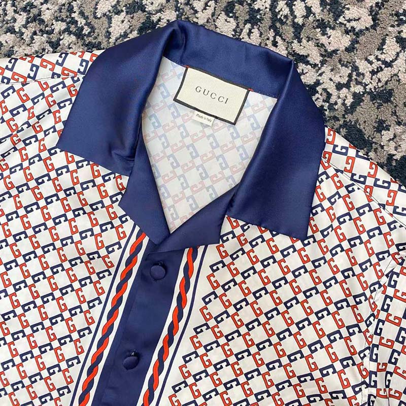 Gucci GG Women Geometric G Print Muslin Bowling Shirt Notch Collar Short Sleeves