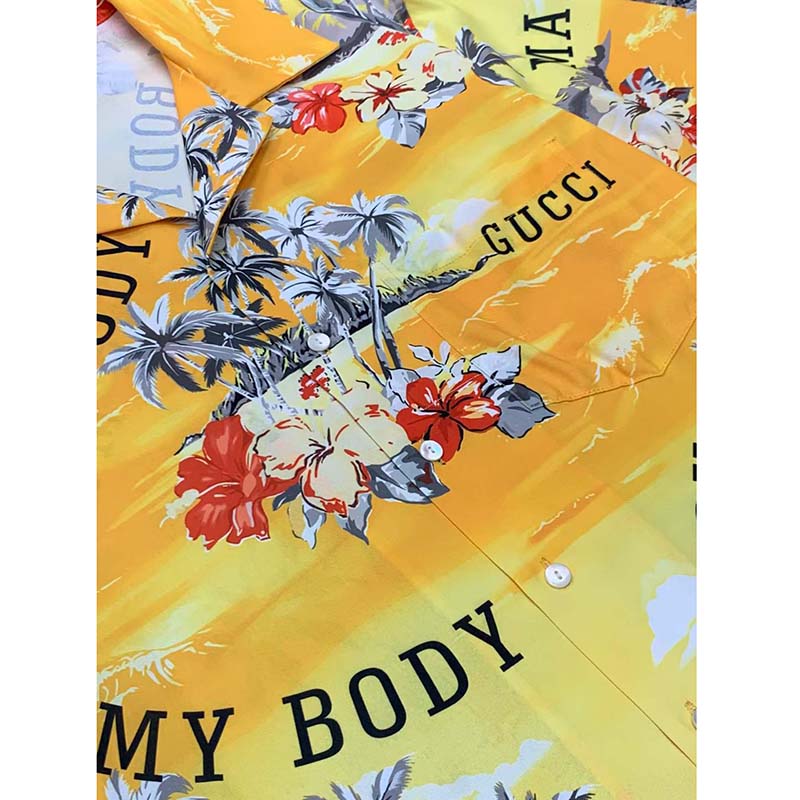 Gucci GG Men Printed Cotton Bowling Shirt Yellow Red Poplin Short Sleeves