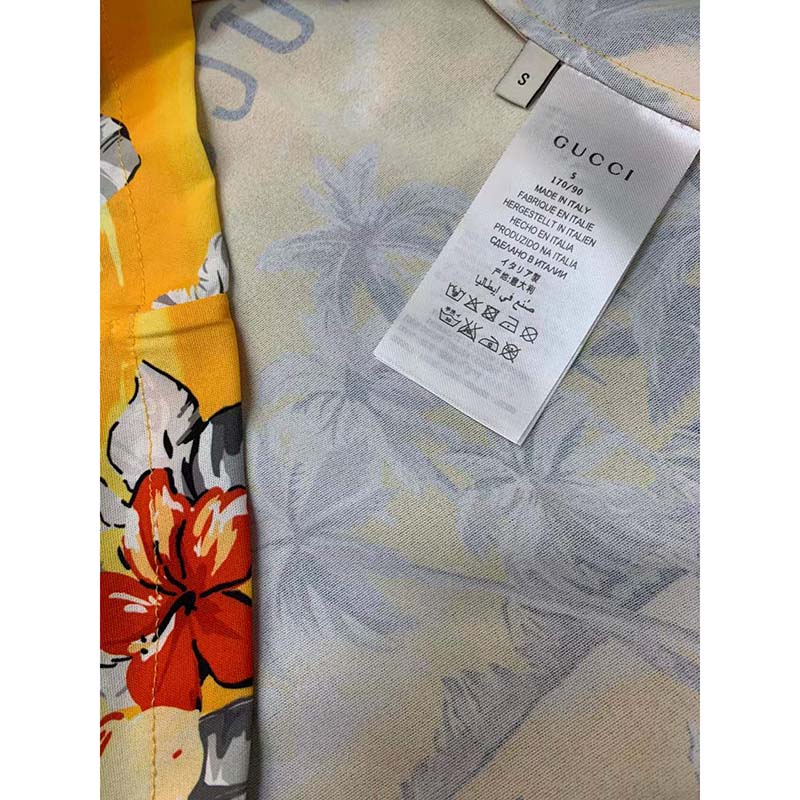 Gucci GG Men Printed Cotton Bowling Shirt Yellow Red Poplin Short Sleeves