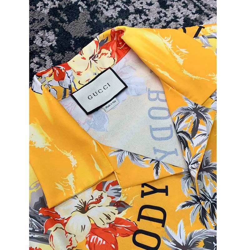 Gucci GG Men Printed Cotton Bowling Shirt Yellow Red Poplin Short Sleeves