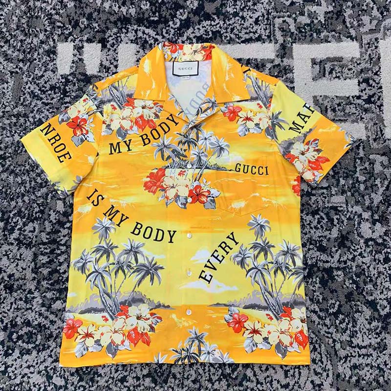 Gucci GG Men Printed Cotton Bowling Shirt Yellow Red Poplin Short Sleeves