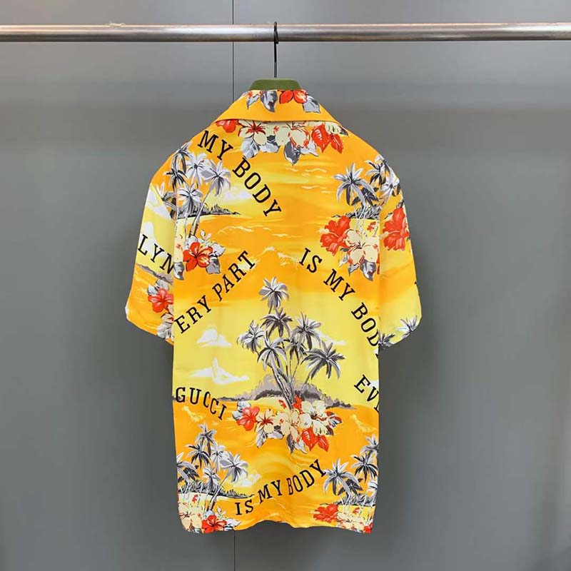 Gucci GG Men Printed Cotton Bowling Shirt Yellow Red Poplin Short Sleeves