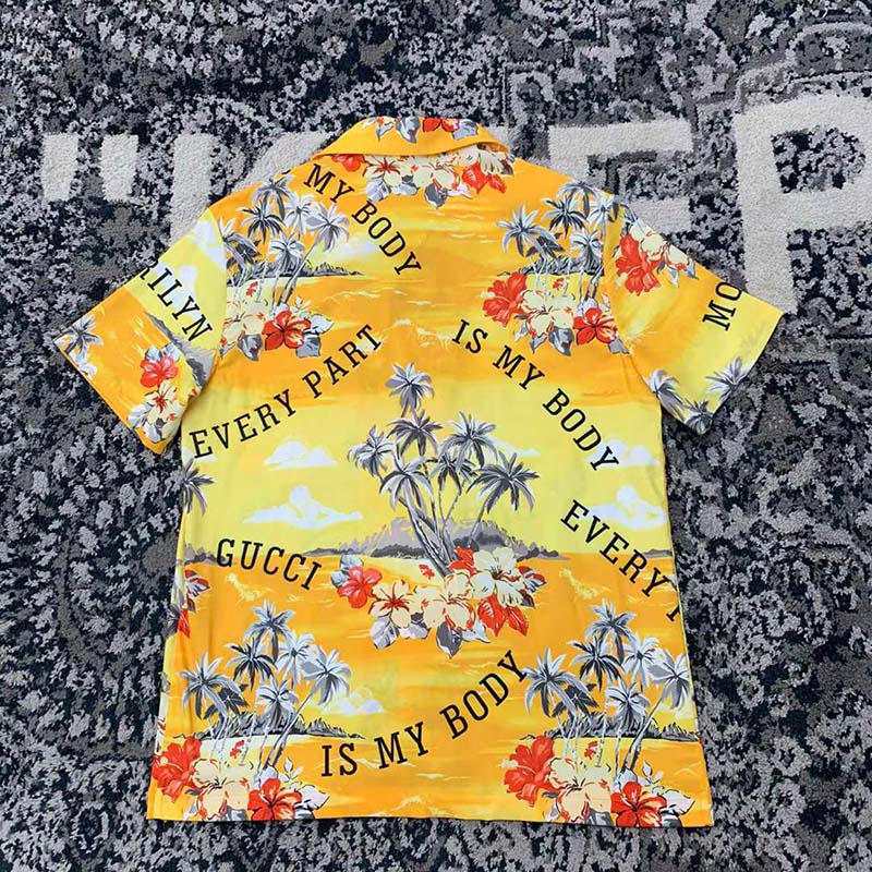 Gucci GG Men Printed Cotton Bowling Shirt Yellow Red Poplin Short Sleeves