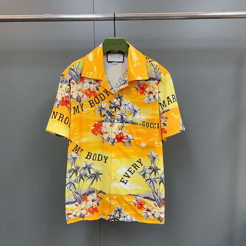 Gucci GG Men Printed Cotton Bowling Shirt Yellow Red Poplin Short Sleeves
